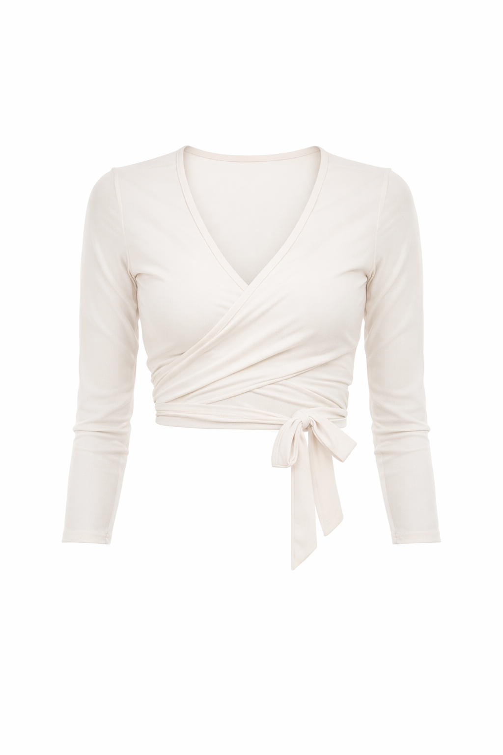 cream mesh wrap-style top on a white background