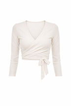 cream mesh wrap-style top on a white background