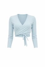 Light blue long-sleeve wrap top with a knot detail on a white background